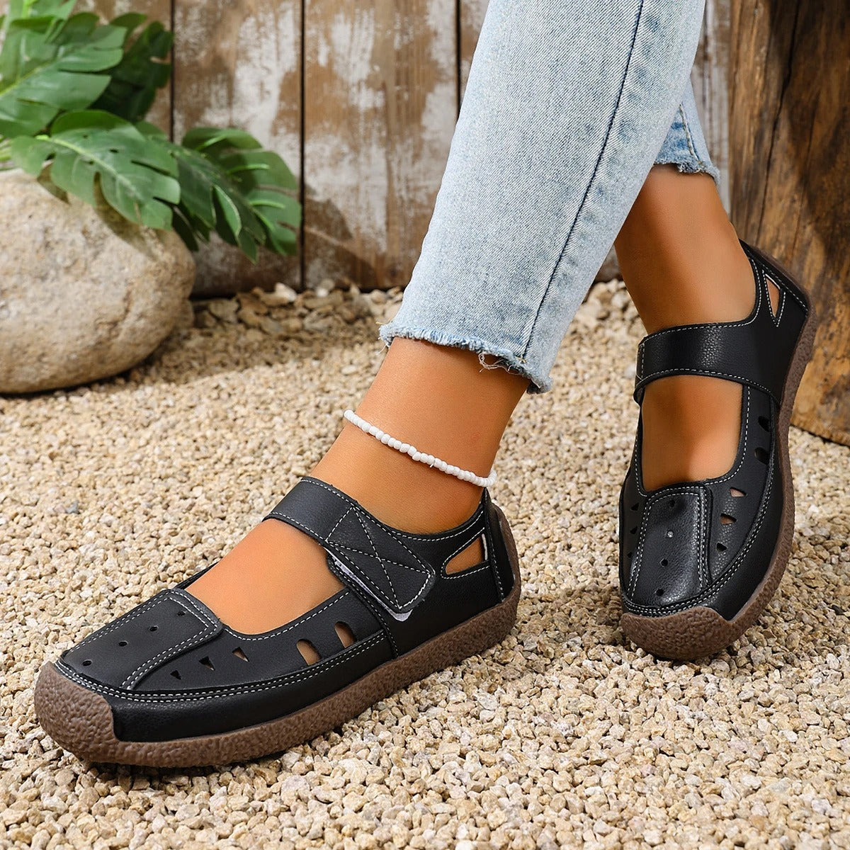 Women's Hollow Out Flat Sandals with Velcro Strap
