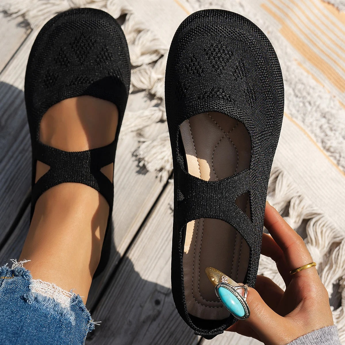 Women's Knitted Mary Jane Flats - Round Toe
