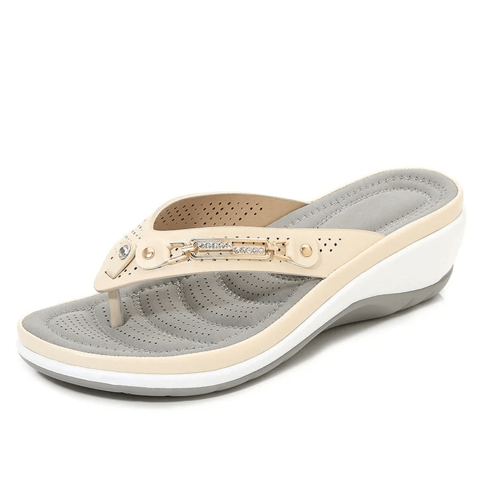 Women's Genuine Cow Leather Wedge Flip Flops with Metal Button Platform Sandals