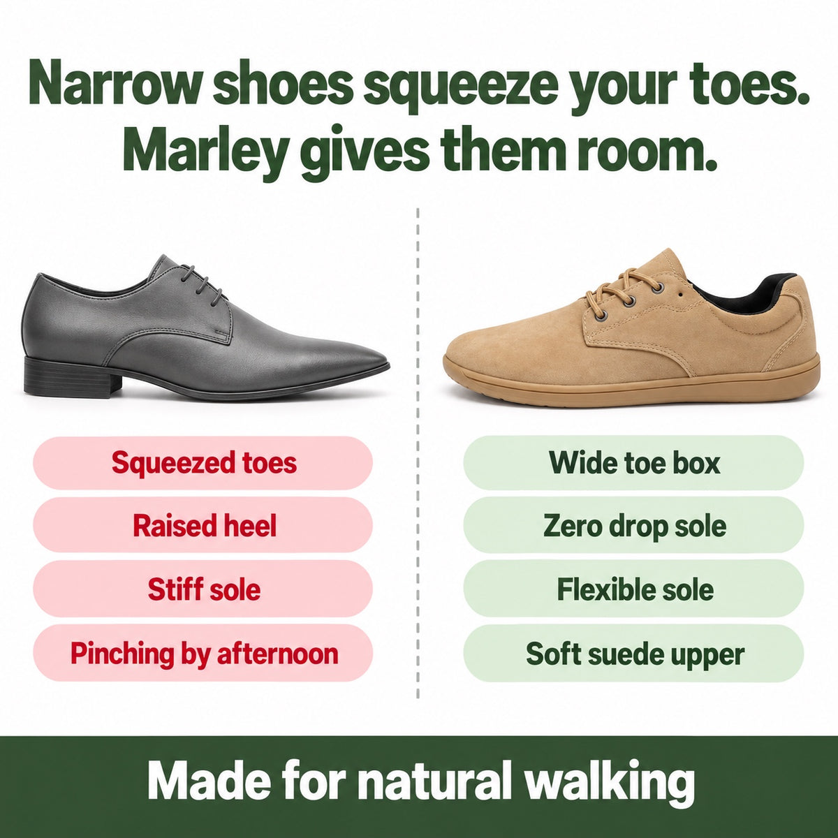 Marley – Unisex Barefoot Shoes, compared with an ordinary shoe
