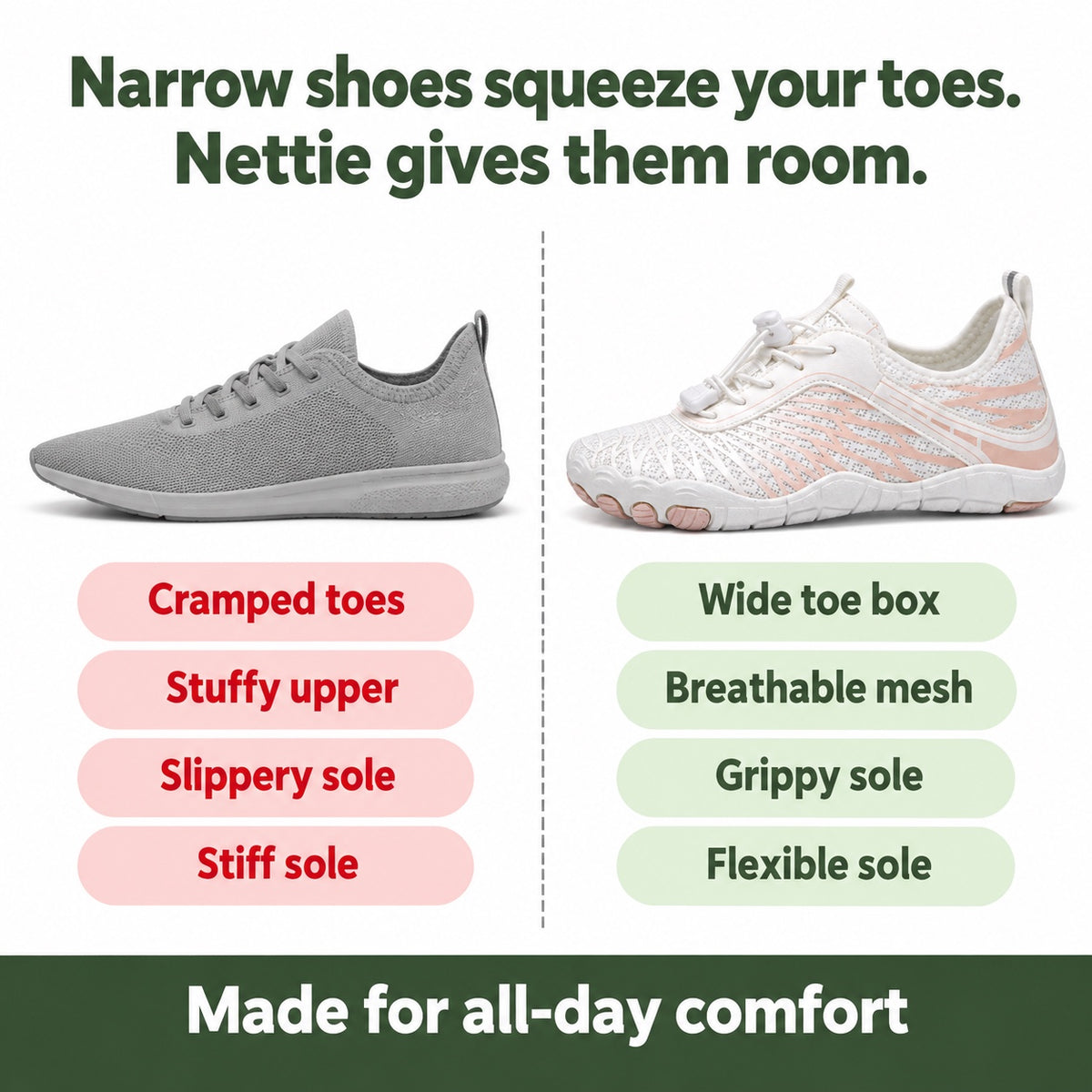 Nettie – Women's Wide Toe Box Shoes, compared with an ordinary shoe