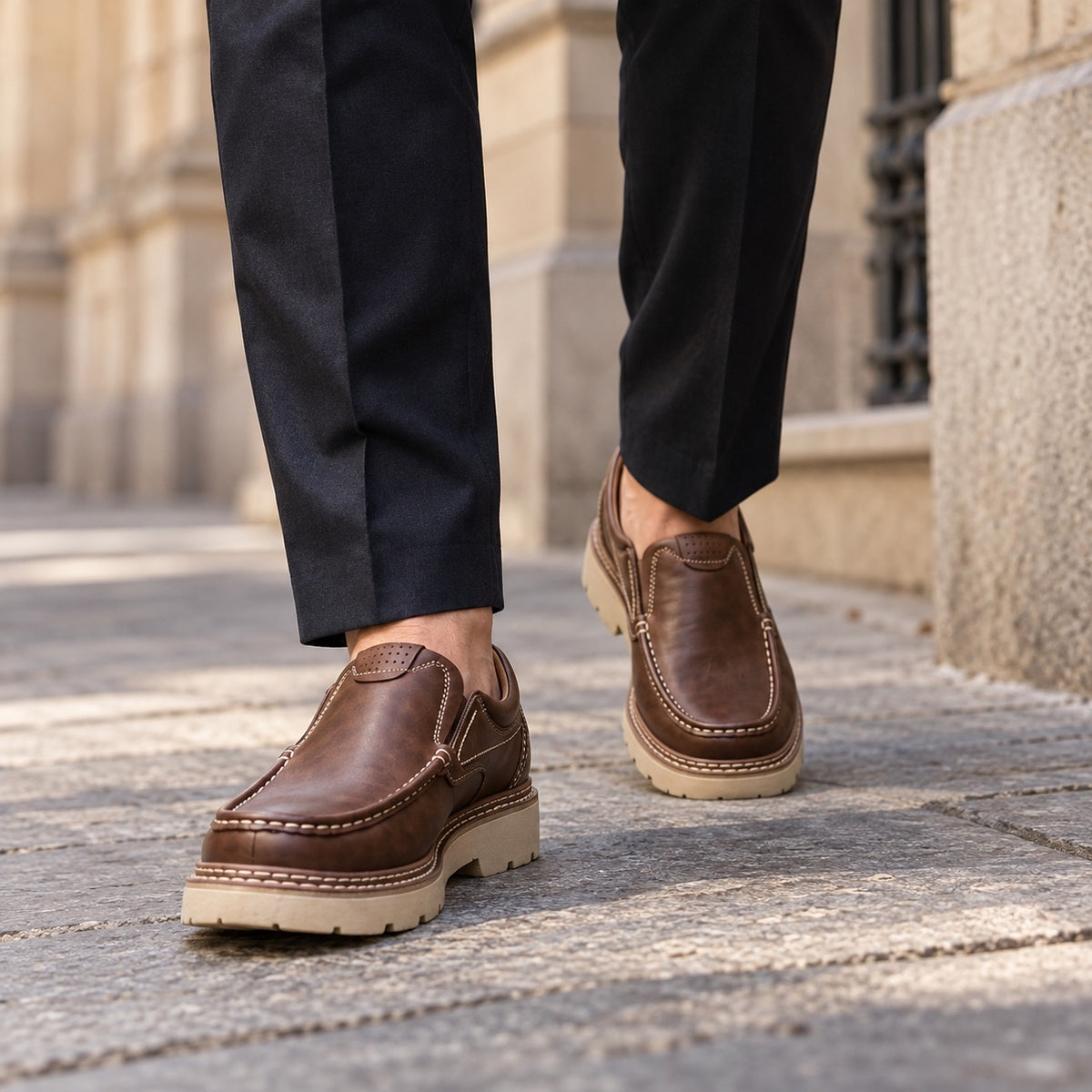Piper – Unisex Slip-On Loafers, worn on a walk