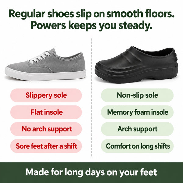 Powers – Unisex Nursing Shoes, compared with an ordinary shoe