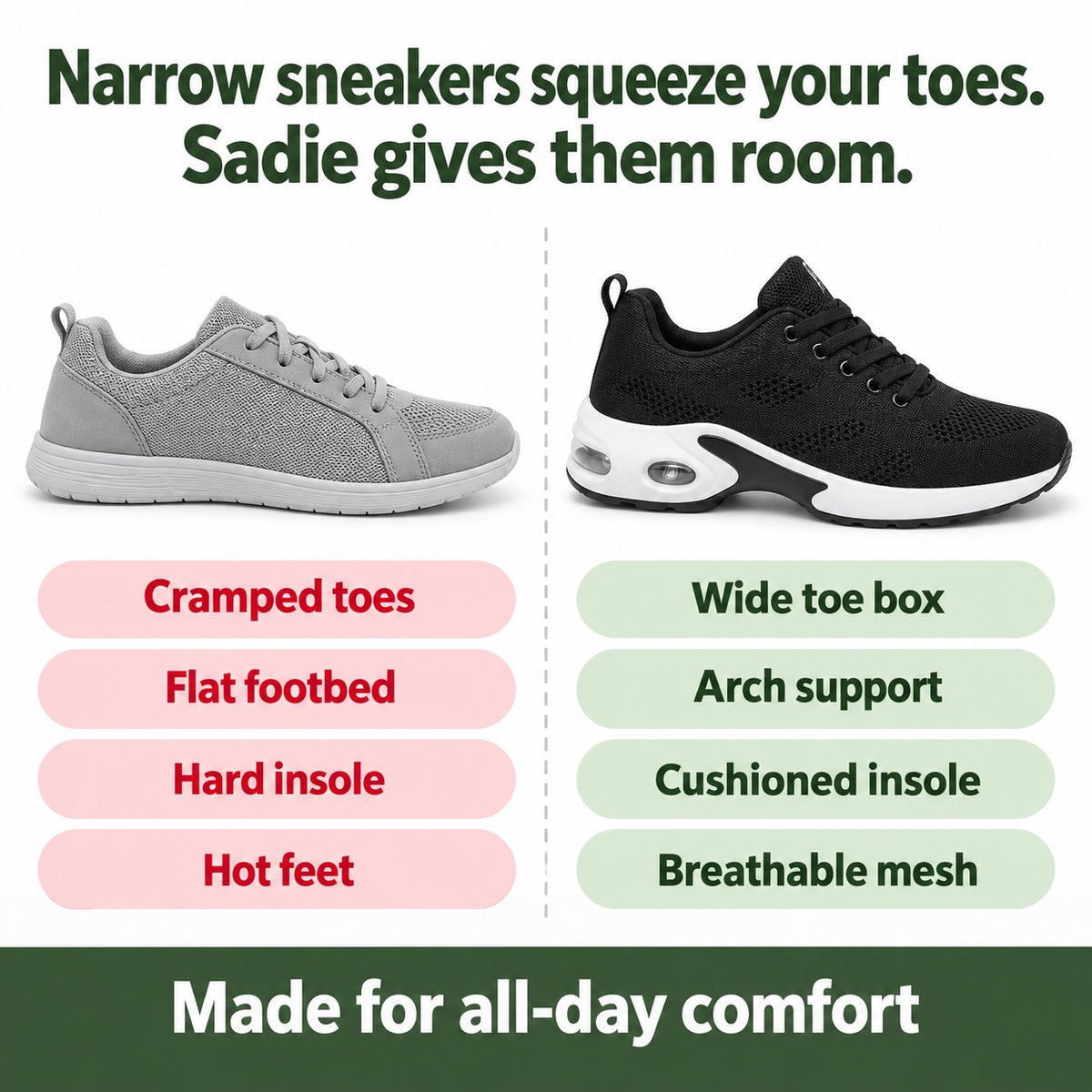 Sadie – Women's Orthopedic Sneakers, compared with an ordinary shoe