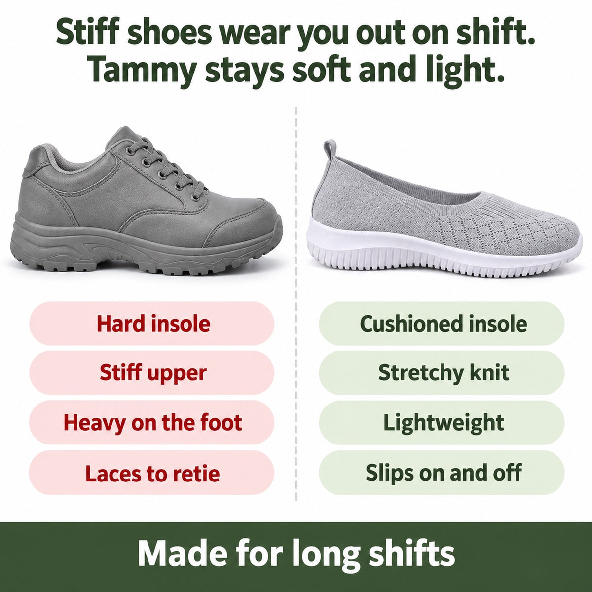 Tammy – Women's Nursing Sneakers, compared with an ordinary shoe