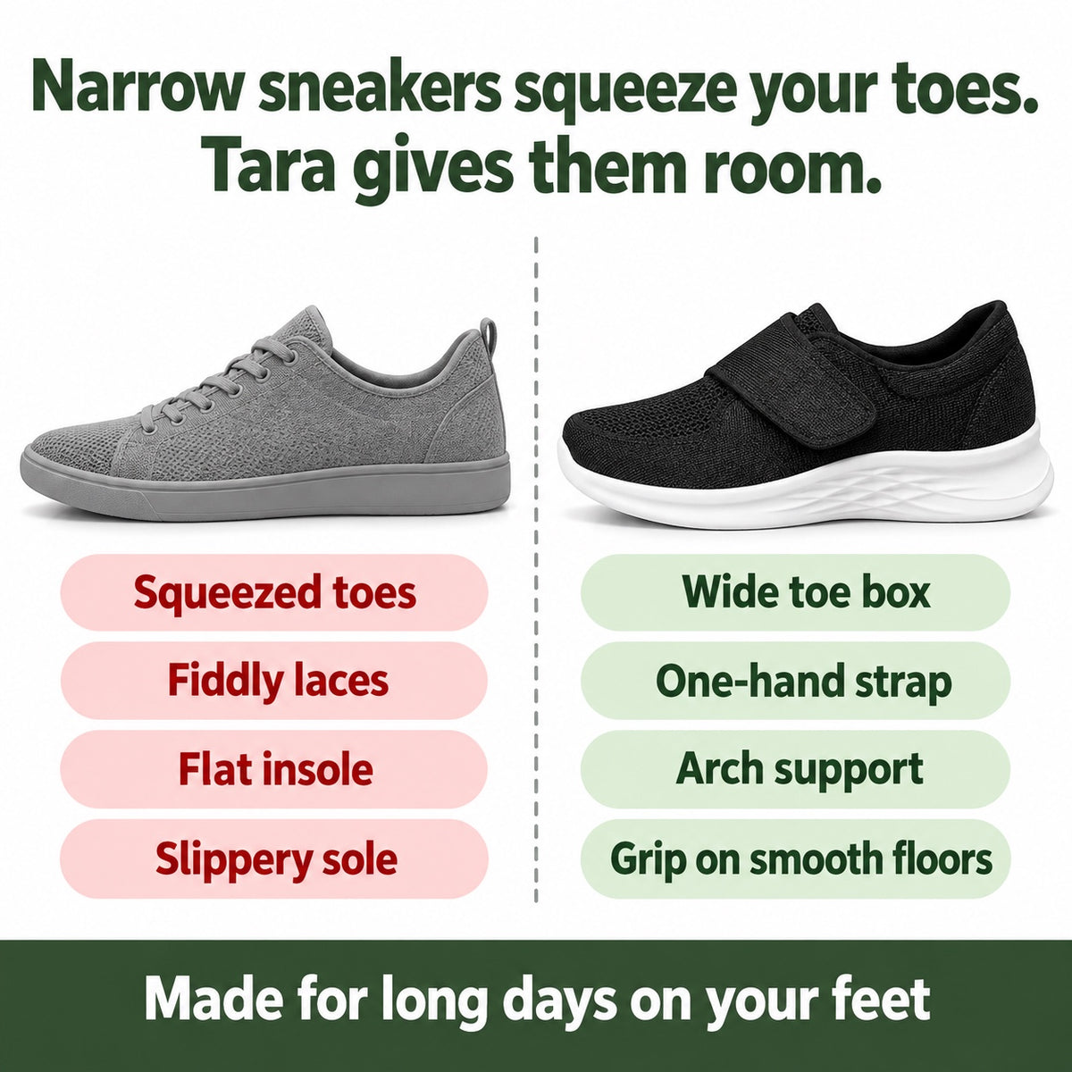 Tara – Women's Nursing Sneakers, compared with an ordinary shoe