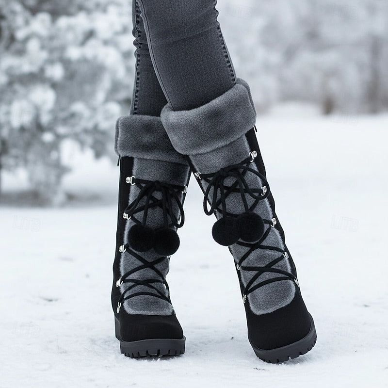 Women's Boots | Mid-Calf Lace-Up Fur-Trimmed Block Heel