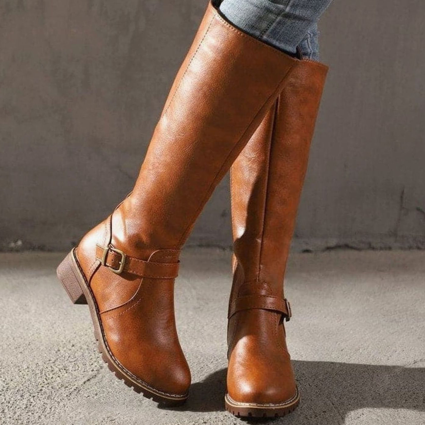 Womens Knee High Boots with Side Zipper and Decorative Ankle Buckle, Low Block Heel