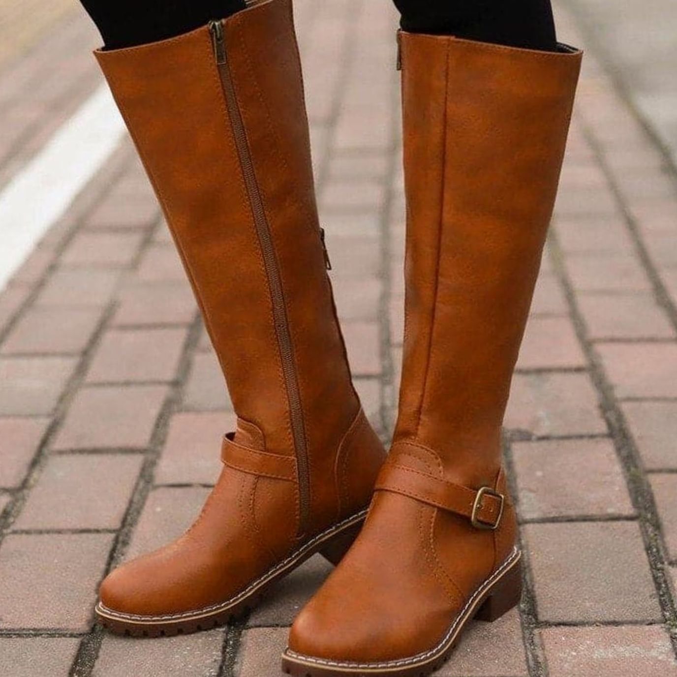 Womens Knee High Boots with Side Zipper and Decorative Ankle Buckle, Low Block Heel