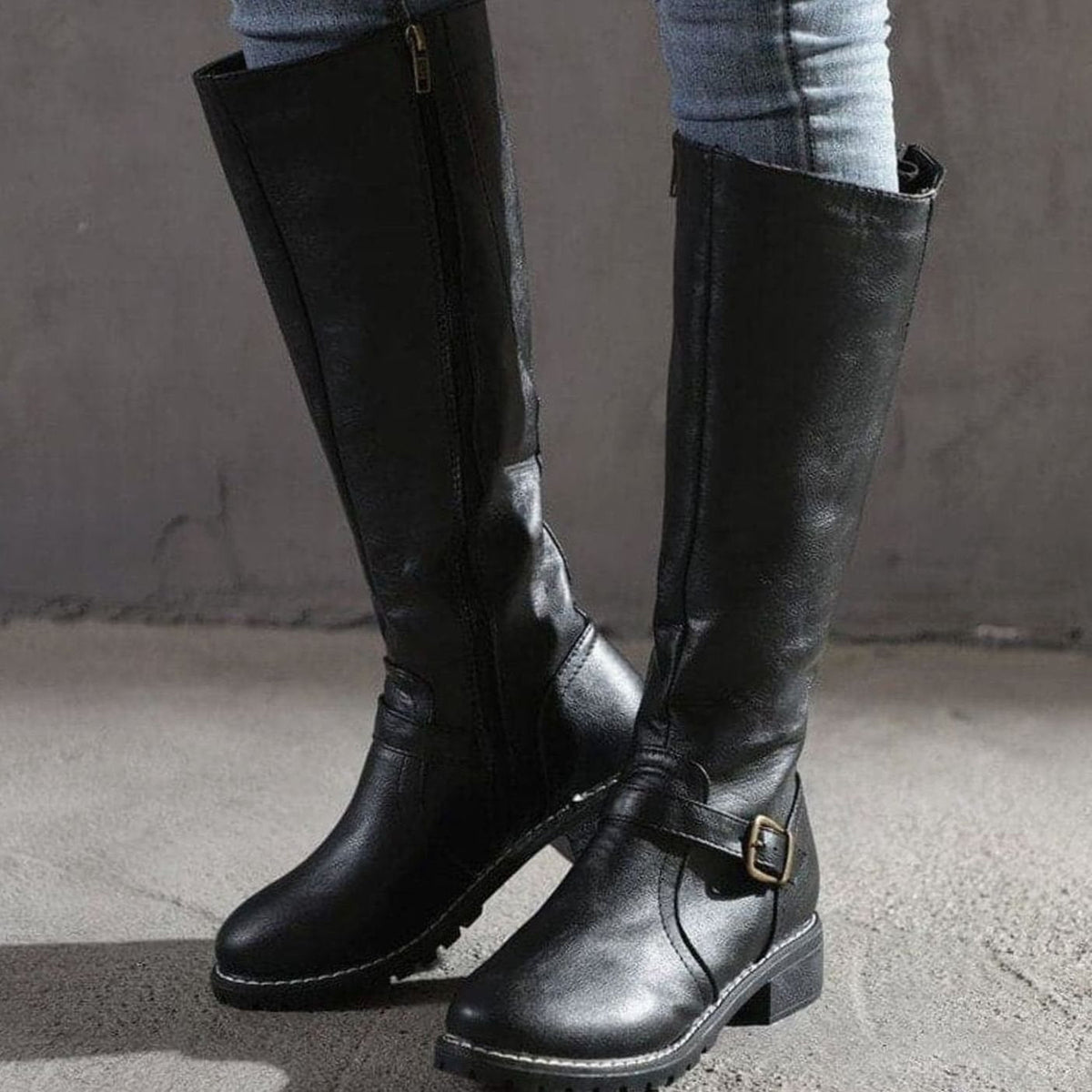 Womens Knee High Boots with Side Zipper and Decorative Ankle Buckle, Low Block Heel