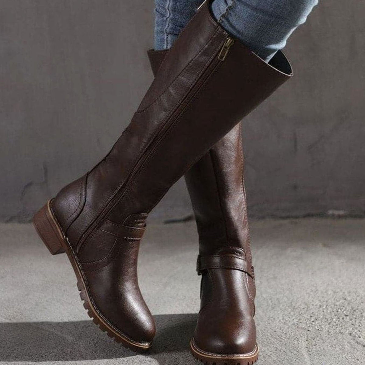 Womens Knee High Boots with Side Zipper and Decorative Ankle Buckle, Low Block Heel