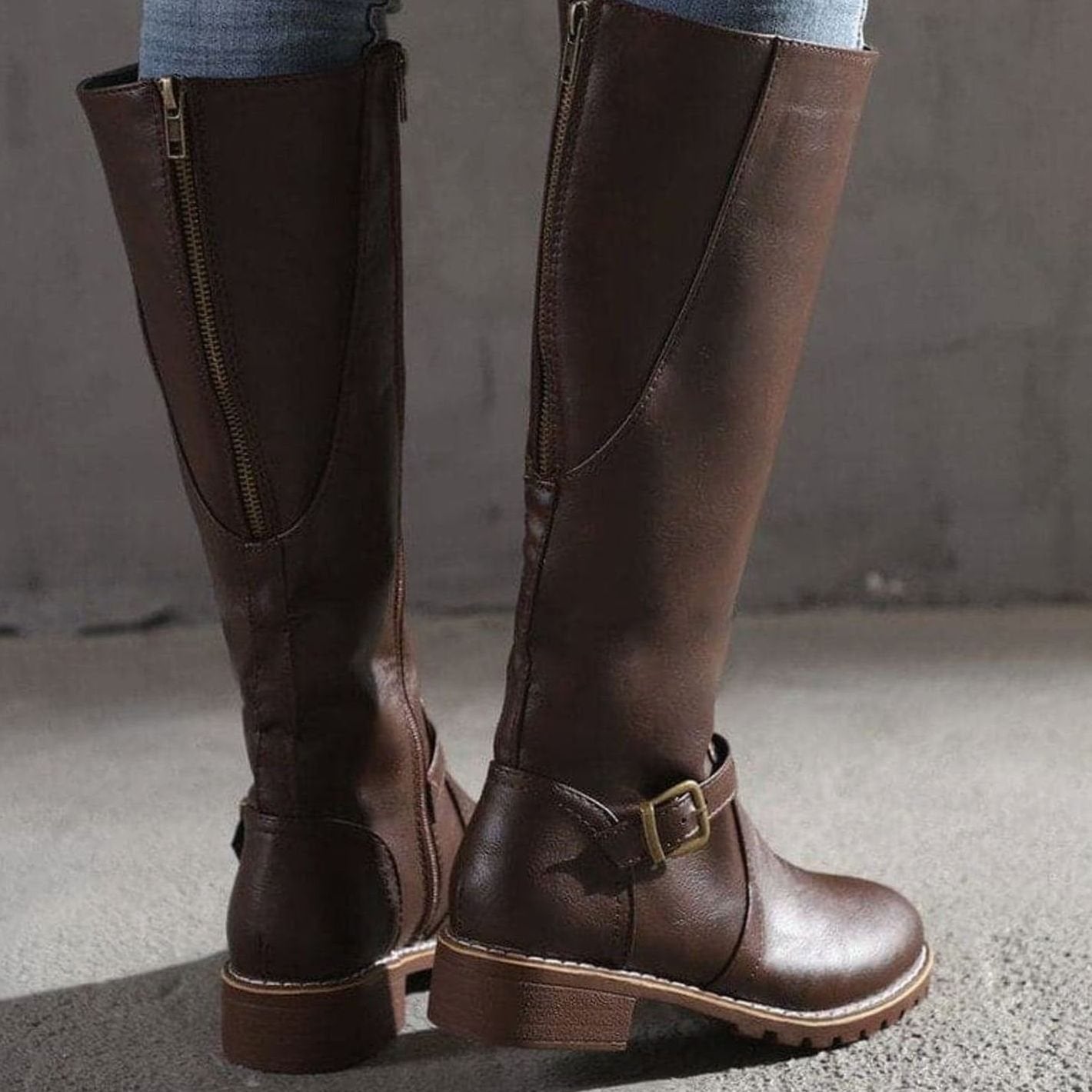 Womens Knee High Boots with Side Zipper and Decorative Ankle Buckle, Low Block Heel