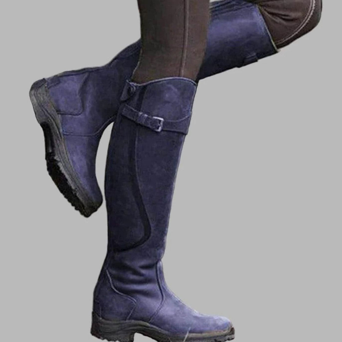 Womens Knee-High Boots with Arch Support and Adjustable Buckle Strap