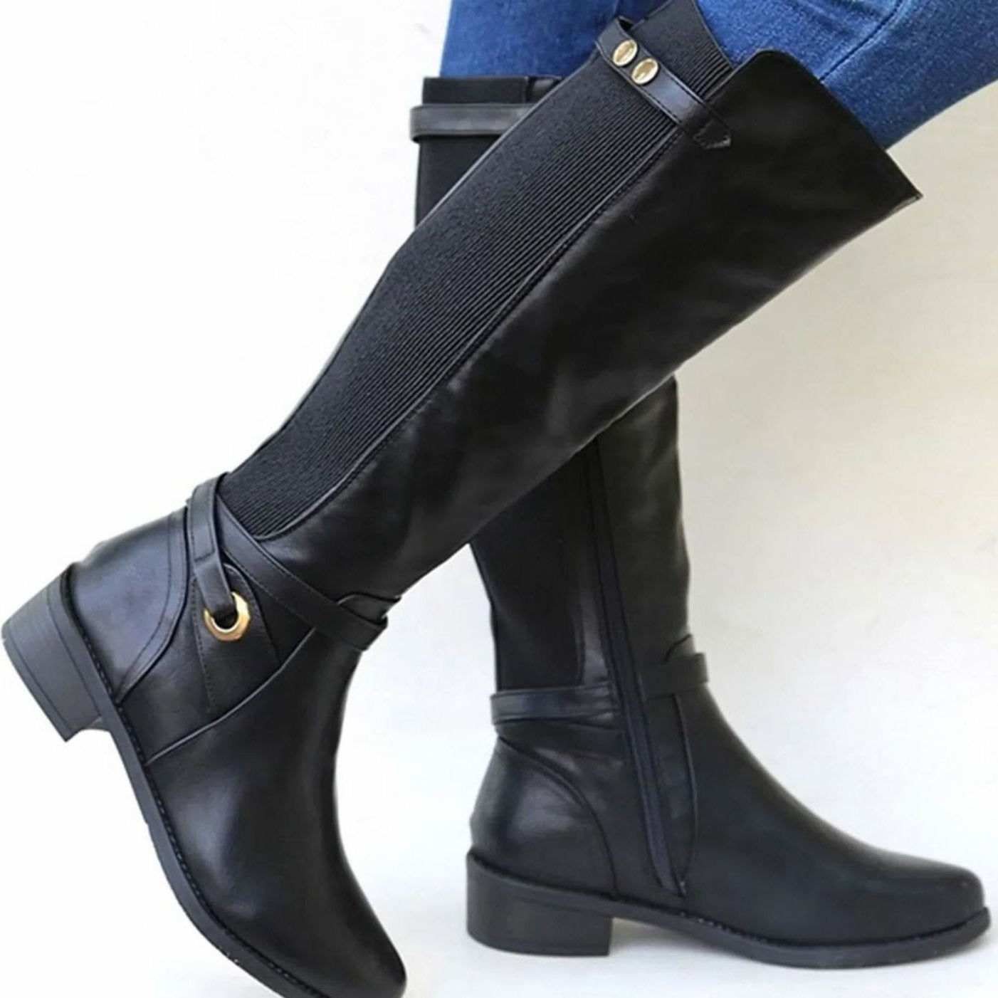Womens Knee High Riding Boots with Orthopedic Footbed and Elastic Calf Panel