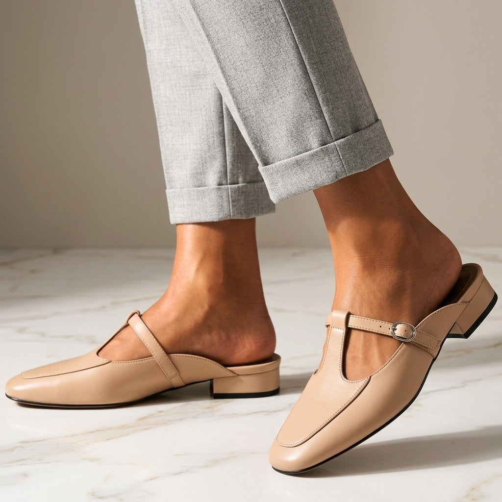Women's Leather Slip-On Mules with Closed Toe and Arch Support
