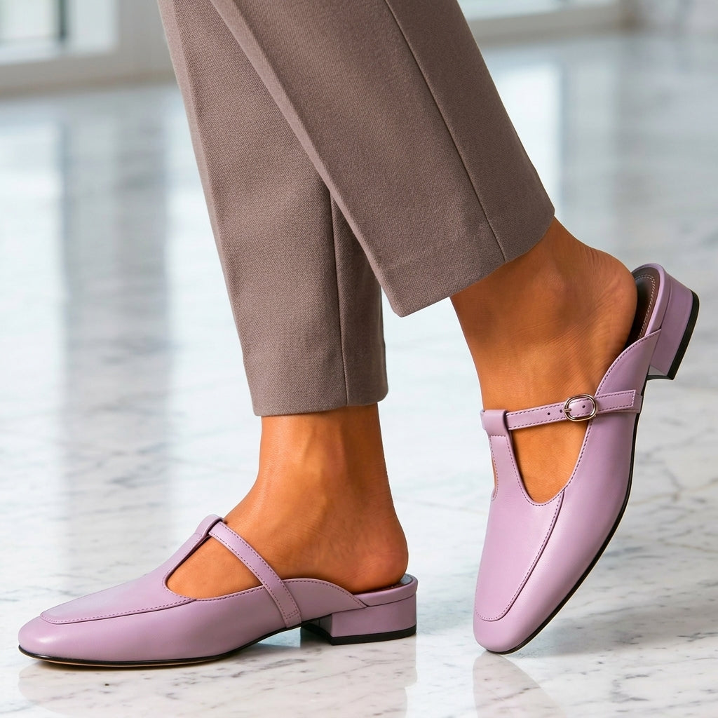 Women's Leather Slip-On Mules with Closed Toe and Arch Support