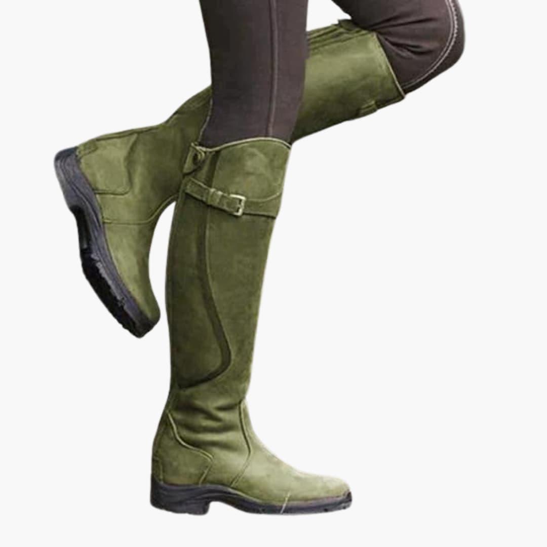 Women’s Knee-High Riding Boots with Buckle Straps and Low Heel