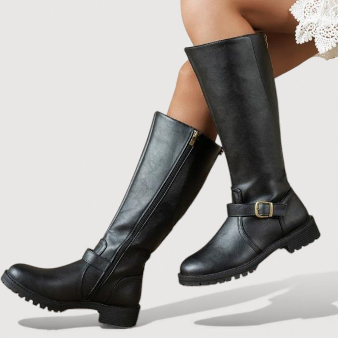 Women's Boots | Knee-High Leather Buckle Lug Sole