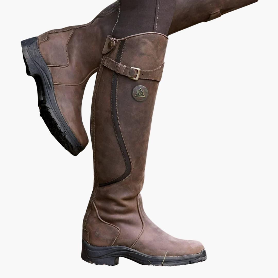 Women’s Knee-High Riding Boots with Buckle Straps and Low Heel