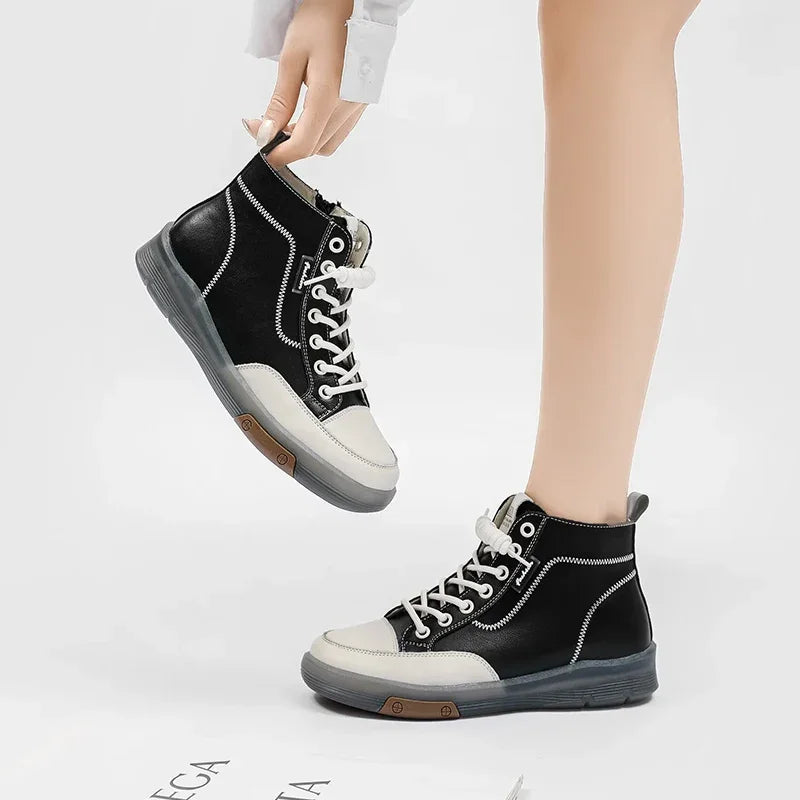 Women's High-Top Leather Sneakers with Side Zip