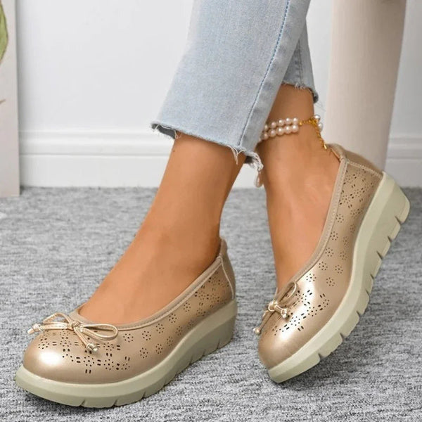 Bunion-Friendly Bow Flats - Hollow Out, Wide Toe Box, Gold Slip-On
