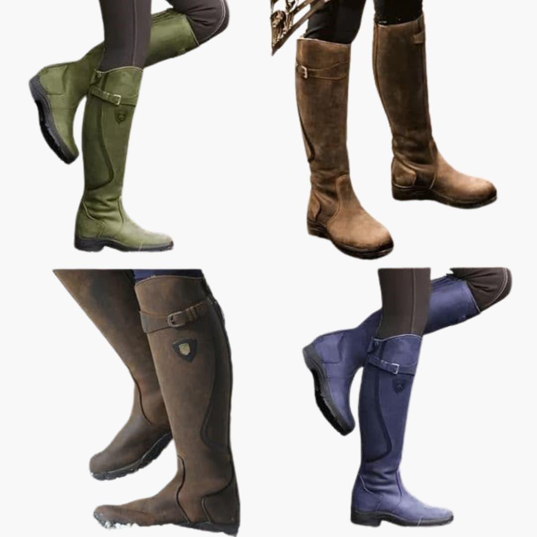 Women’s Knee-High Riding Boots with Buckle Straps and Low Heel