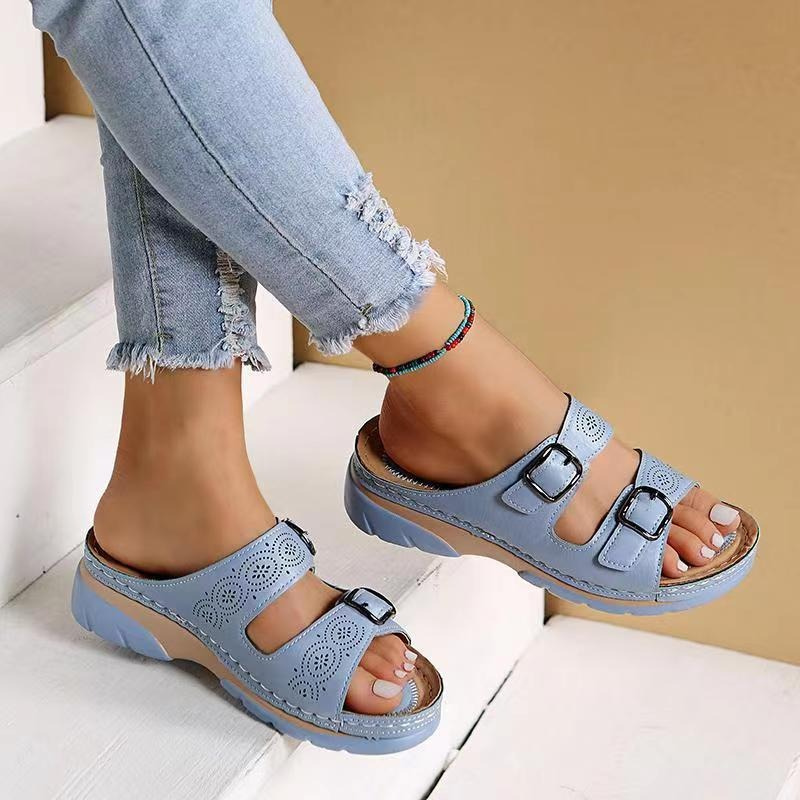 Orthopedic Wedge Sandals Womens Double Buckle Platform Comfort Slide Slippers