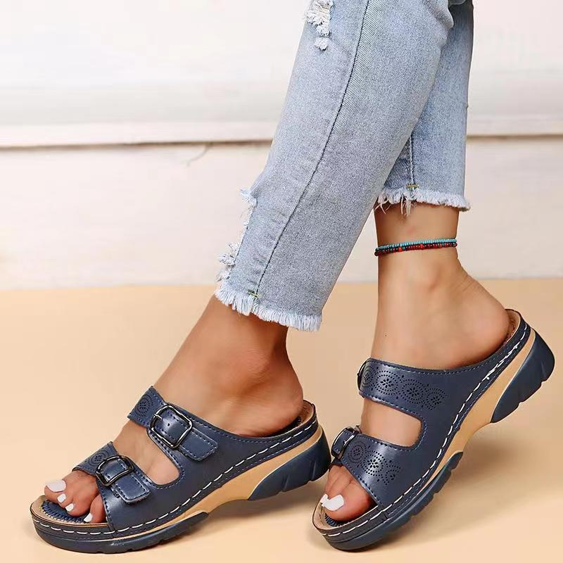 Orthopedic Wedge Sandals Womens Double Buckle Platform Comfort Slide Slippers