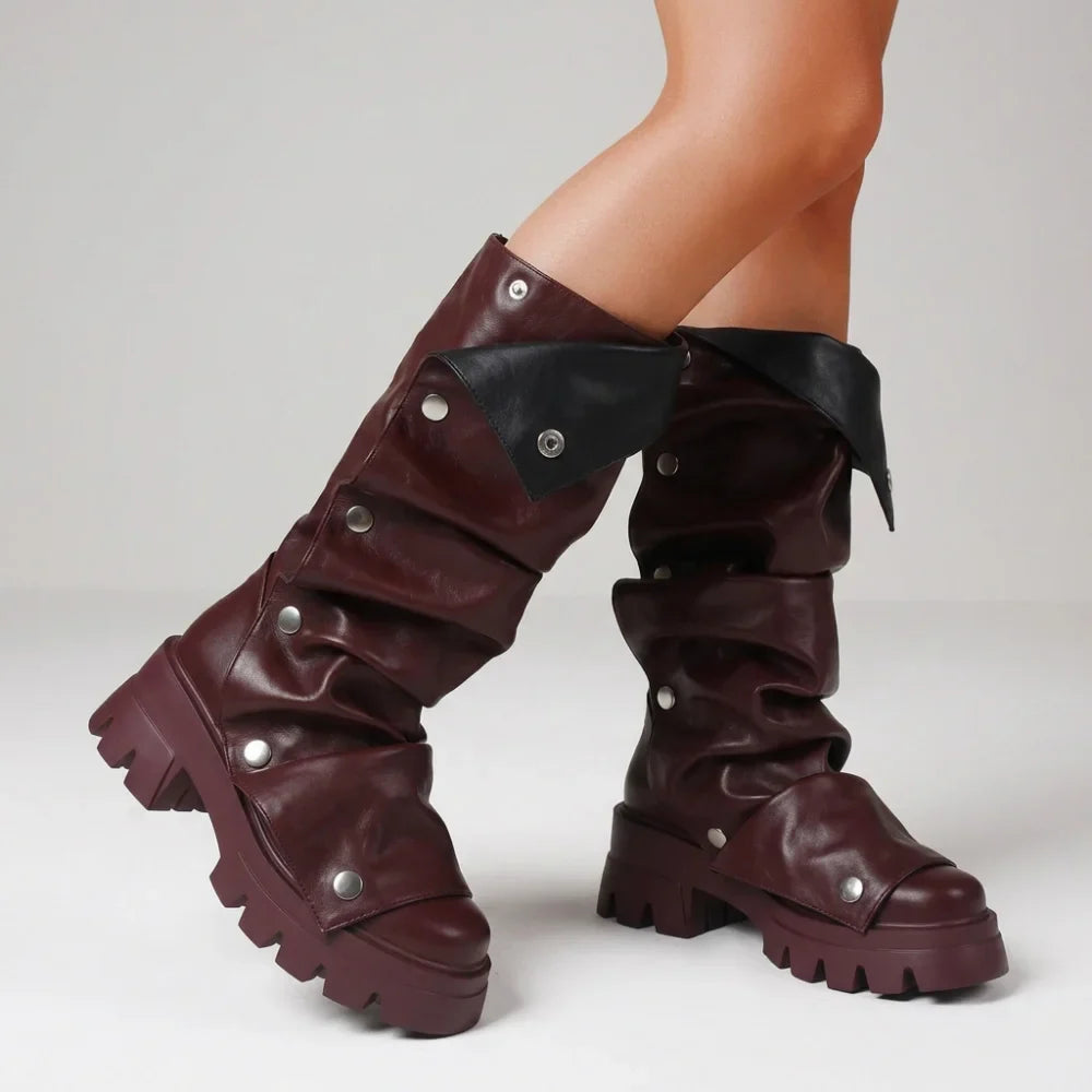 Women's Fold Over Boots Platform Chunky Heel Punk Mid Calf Boots Women Nightclub parties Pull On Boots