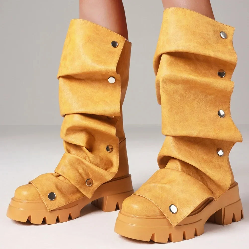 Women's Fold Over Boots Platform Chunky Heel Punk Mid Calf Boots Women Nightclub parties Pull On Boots