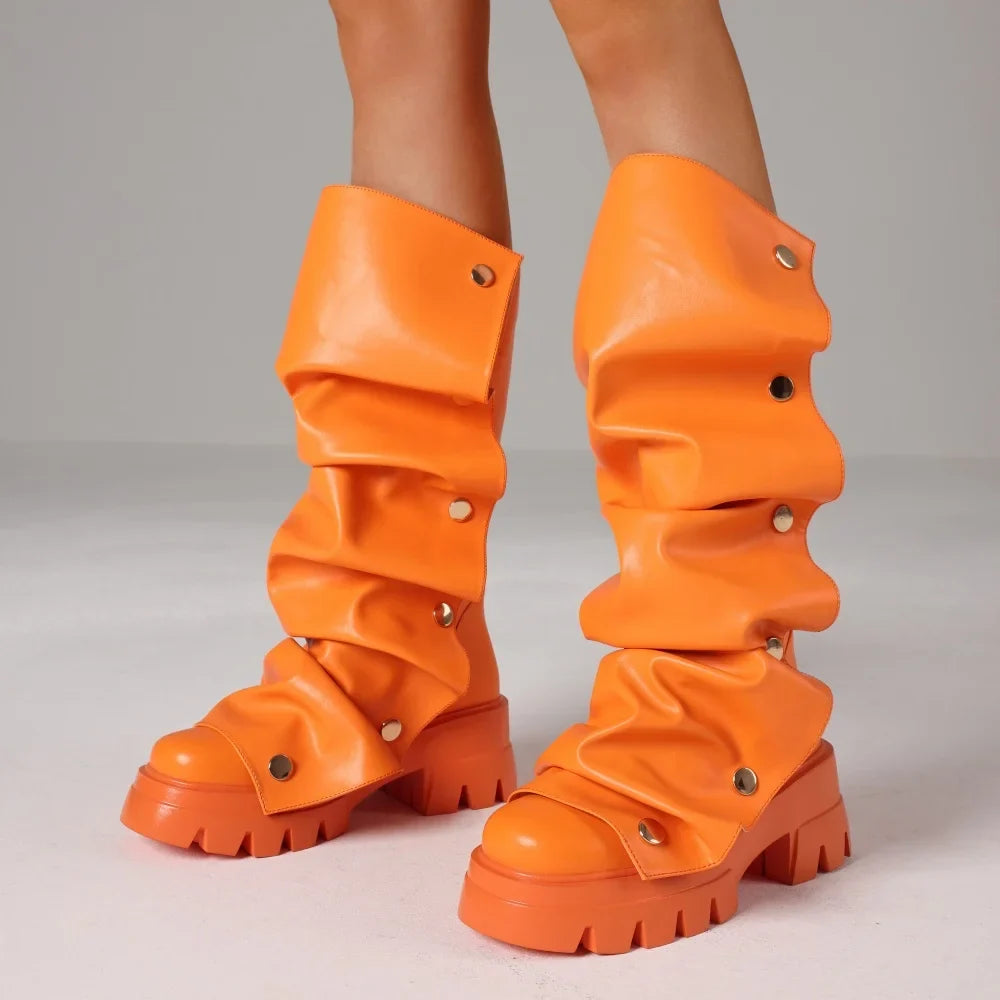 Women's Fold Over Boots Platform Chunky Heel Punk Mid Calf Boots Women Nightclub parties Pull On Boots