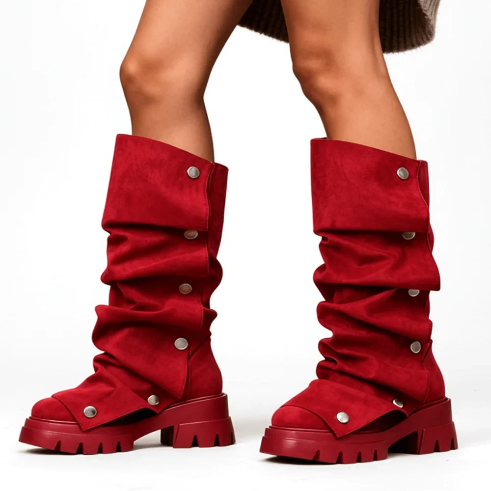 Women's Fold Over Boots Platform Chunky Heel Punk Mid Calf Boots Women Nightclub parties Pull On Boots