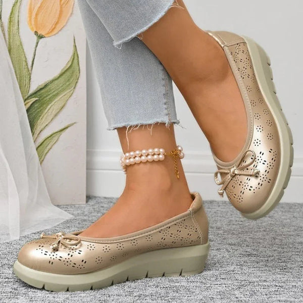 Bunion-Friendly Bow Flats - Hollow Out, Wide Toe Box, Gold Slip-On