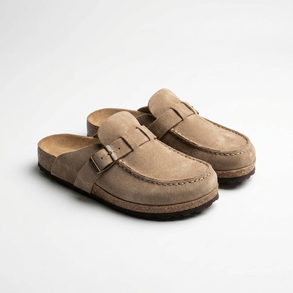 Women’s Suede Mules Microfiber Leather Clogs with Adjustable Buckle and Rubber Sole