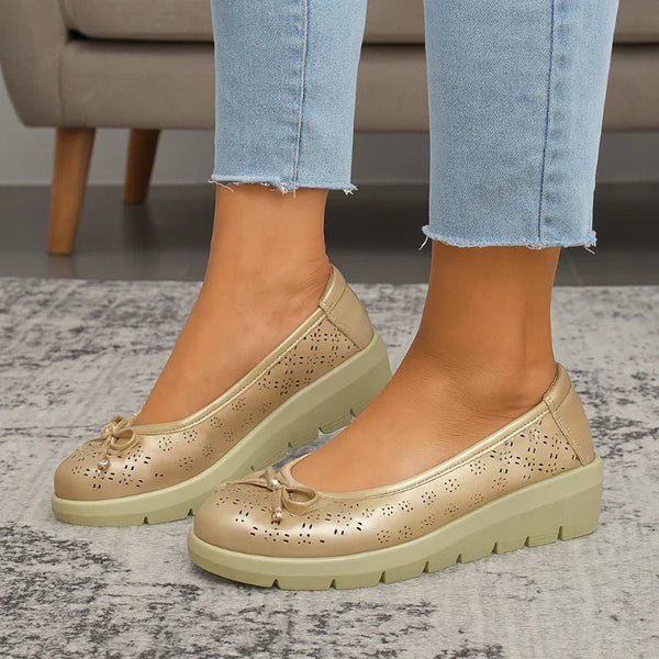 Bunion-Friendly Bow Flats - Hollow Out, Wide Toe Box, Gold Slip-On