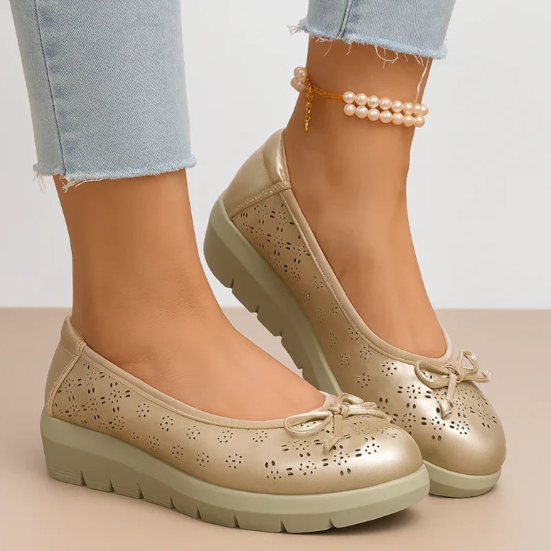 Bunion-Friendly Bow Flats - Hollow Out, Wide Toe Box, Gold Slip-On