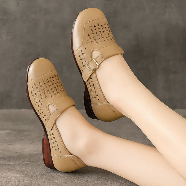 Women's Wide Toe Box Leather T-Strap Flats