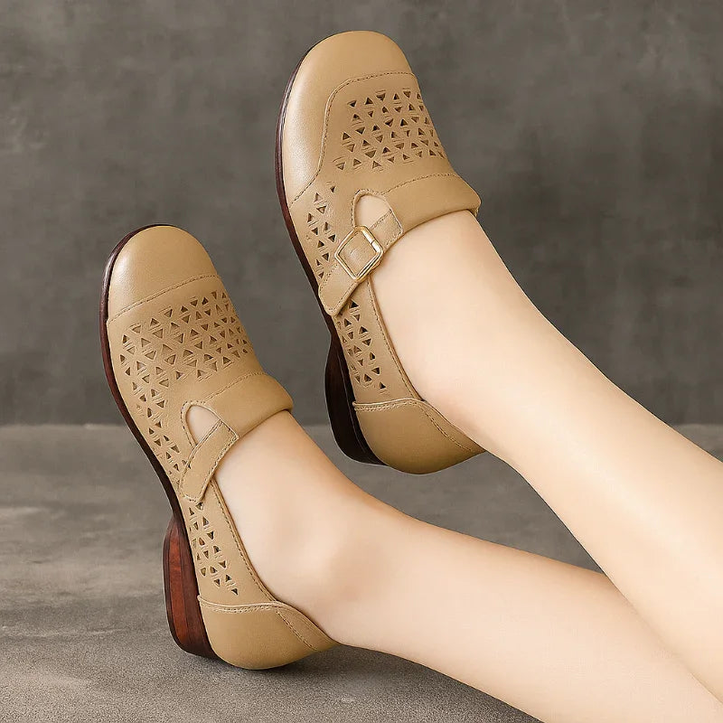 Women's Wide Toe Box Leather T-Strap Flats