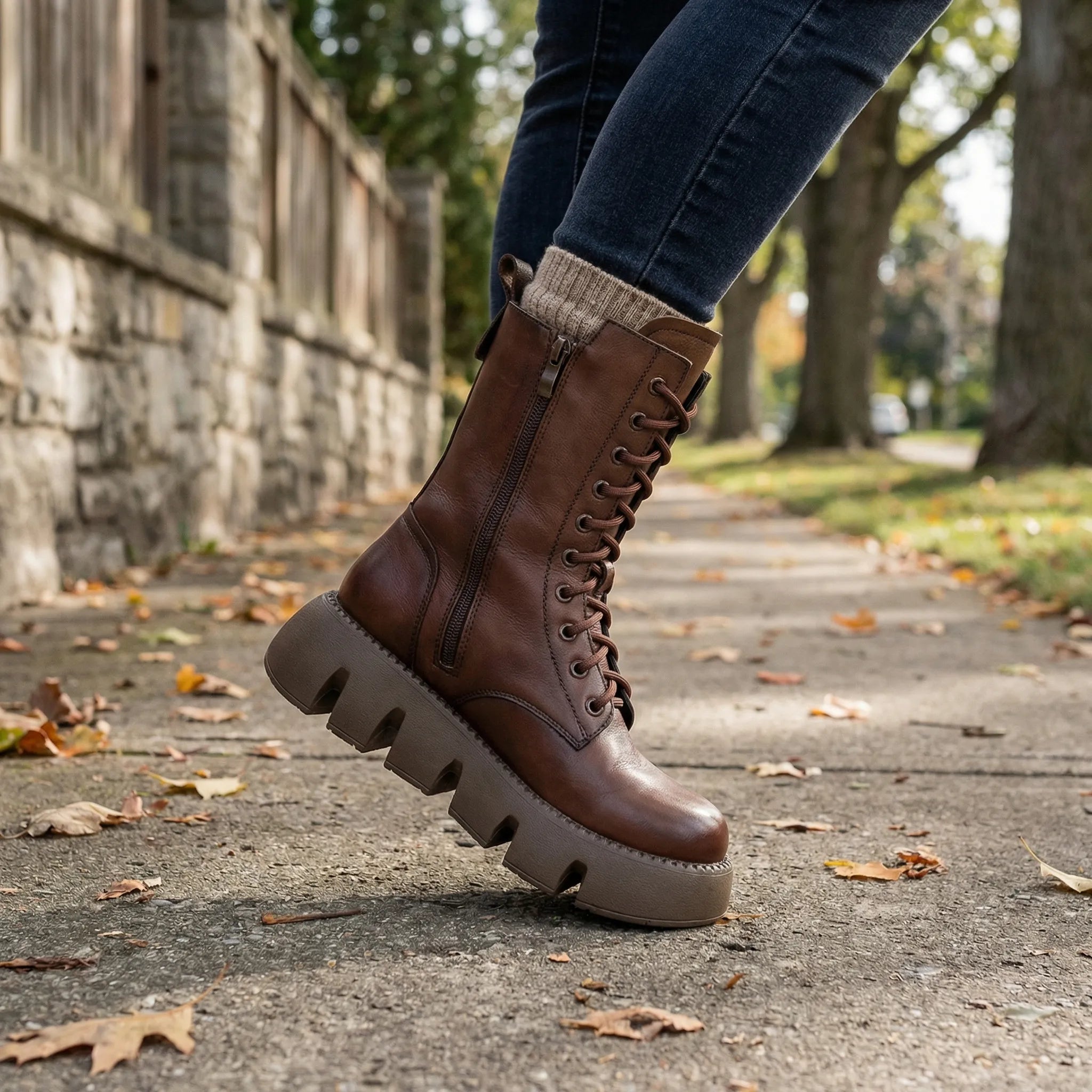 Women's Arch Support Platform Combat Boots – Non-Slip Sole, Lace-Up Closure