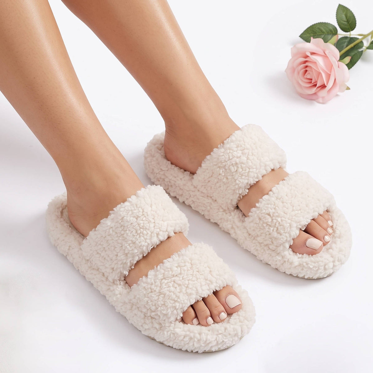 Womens Fuzzy Open Toe Slippers, Memory Foam Indoor House Shoes, Anti Slip Lightweight Indoor Outdoor Slippers