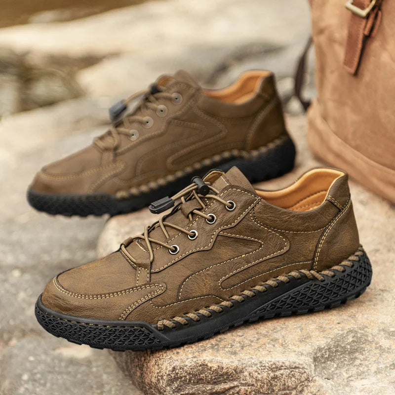 Men's Non Slip Genuine Leather Hiking Shoes No Tie Laces Padded Insole