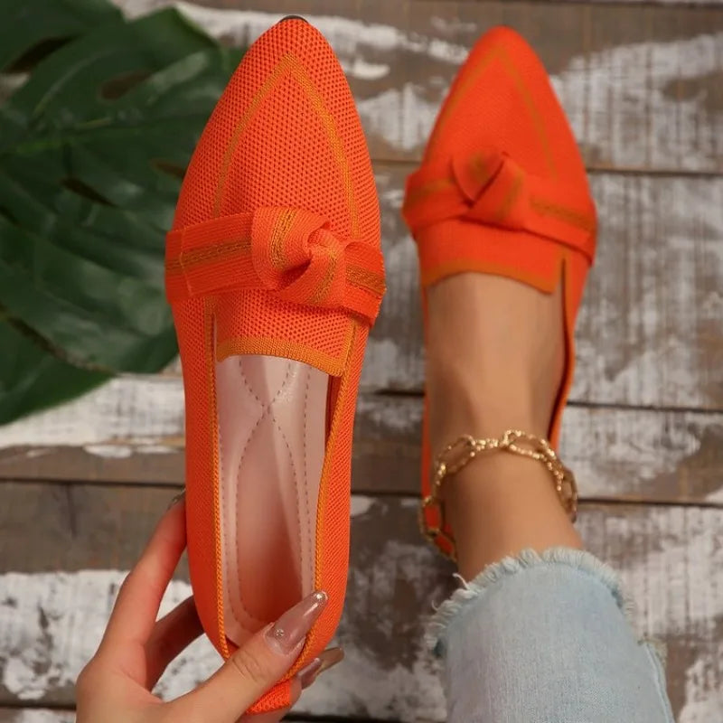 Pointed Toe Ballerina Flats with Breathable Knit and Bow Detail