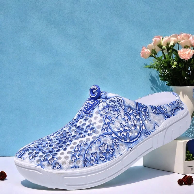 Blue Porcelain Pattern Women's Clog Shoes Garden Casual Indoor Outdoor Slippers Half Slip-On Lazy People Beach Shoes