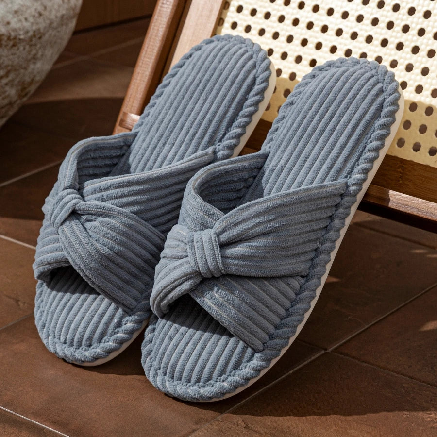 Women's Plush Slippers Corduroy Bow Detail Open Toe