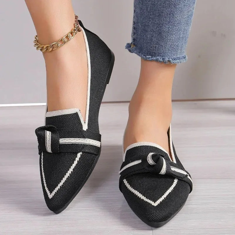 Pointed Toe Ballerina Flats with Breathable Knit and Bow Detail