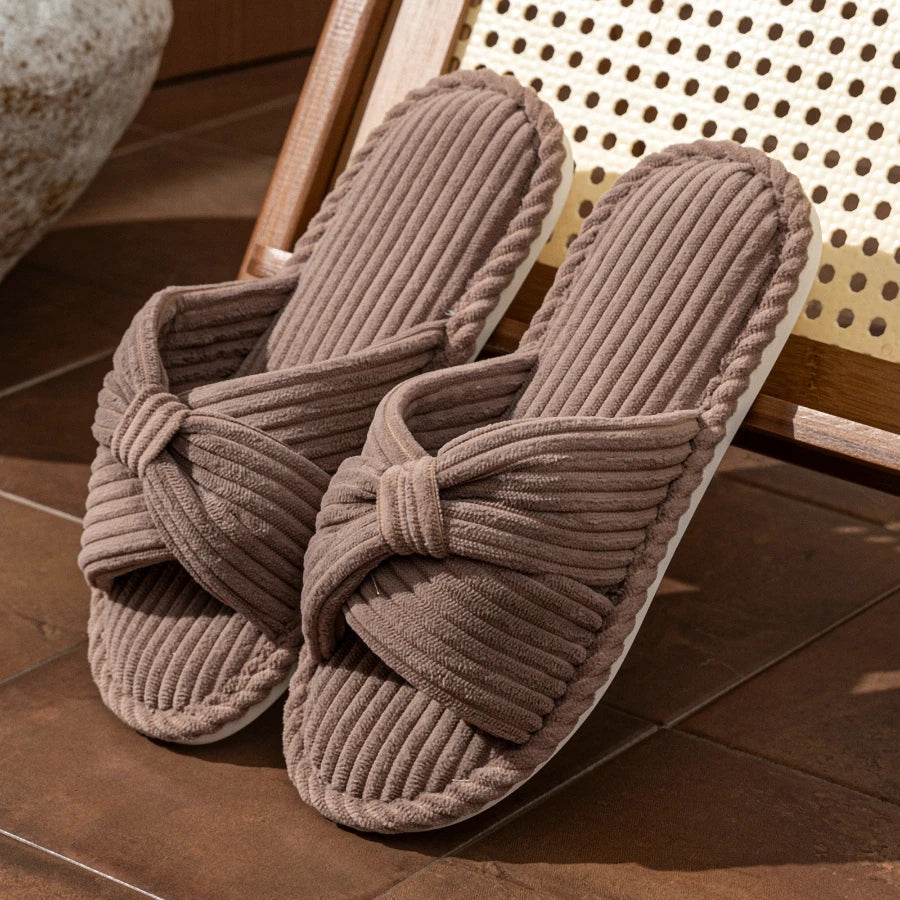 Women's Plush Slippers Corduroy Bow Detail Open Toe
