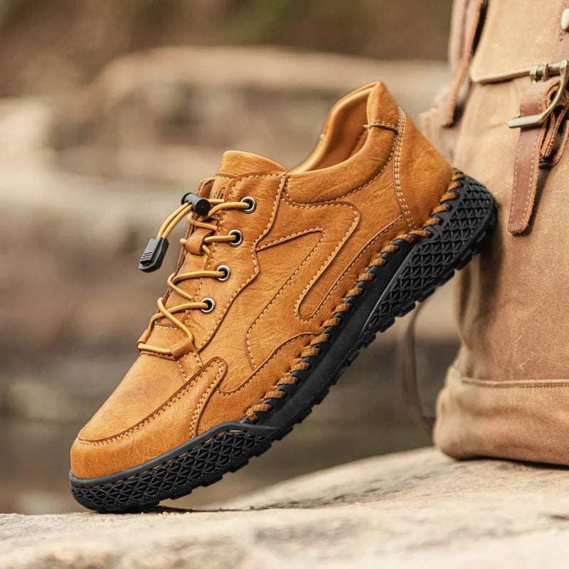 Men's Non Slip Genuine Leather Hiking Shoes No Tie Laces Padded Insole