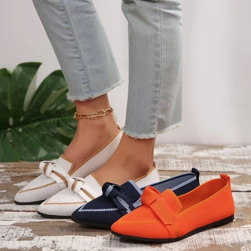 Pointed Toe Ballerina Flats with Breathable Knit and Bow Detail