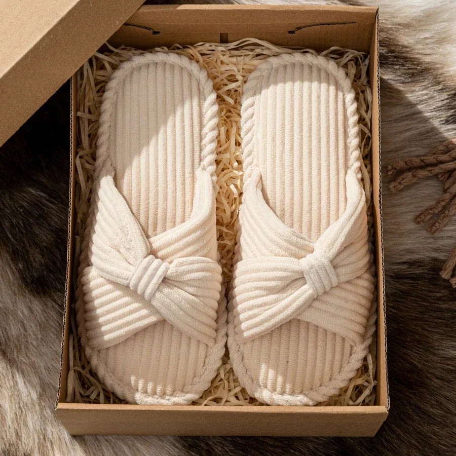 Women's Plush Slippers Corduroy Bow Detail Open Toe