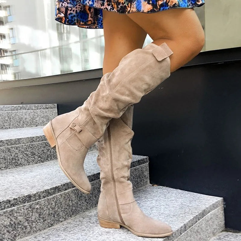Women's Knee-High Boots with Perforated Shaft and Low Block Heel